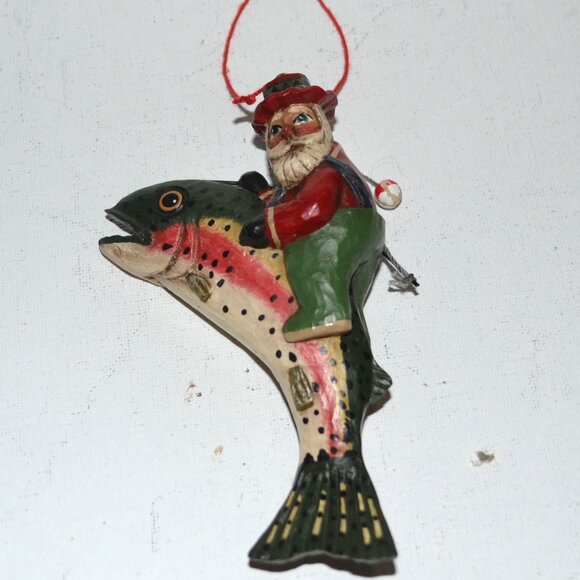 Randy Tate Folkart Ornament Santa On Fish Signed Christmas Display - Picture 3 of 4